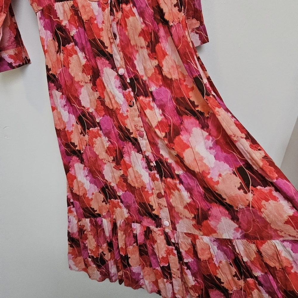 Lemoncurve Sz L Floral Coastal Tiered Flowy Maxi Button DownDress Quater Sleeve - Picture 6 of 16